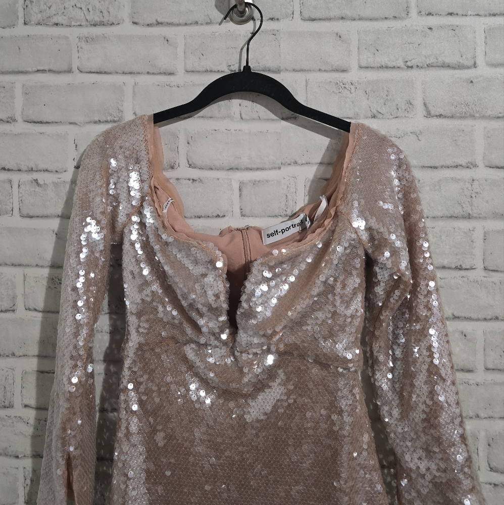 NEW Self Portrait Off The‎ Shoulder Sequin Mini Dress Beige Size 2 - Picture 8 of 13